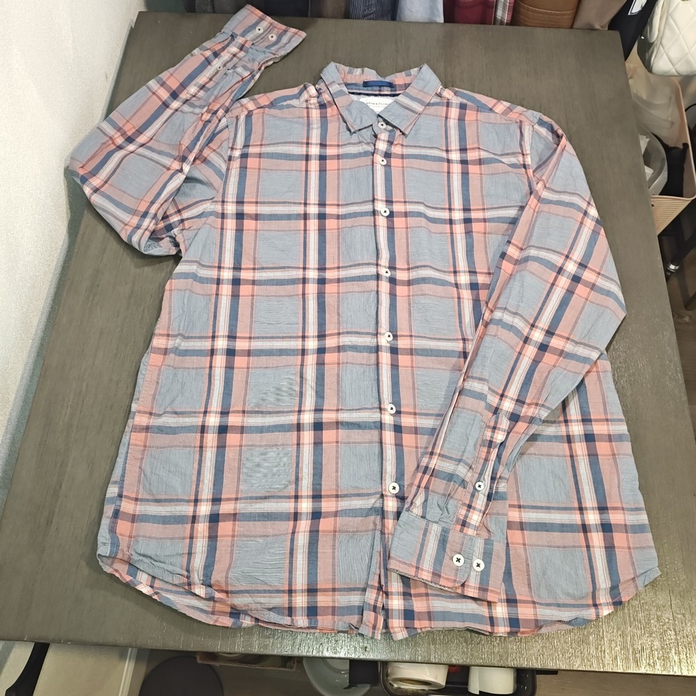 Denim & Flower Men's Button Down  Shirt, Long Sleeve ,XL, Pastel Blue And Coral
